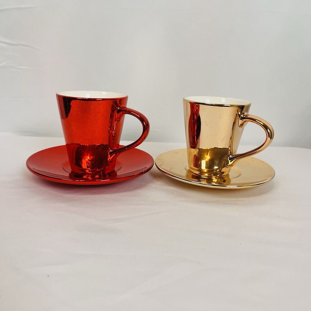 Starbucks Red & Gold Classic Demitasse Espresso Set of 2 Cups and Saucers